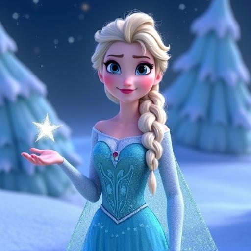Charming animated depiction of Elsa from Frozen standing in icy landscape with signature long blonde hair. She wears iconic blue dress adorned with snowflakes. Joyful expression with rosy cheeks and gentle smile. Extending hand, emitting bright sparkling light. Background features ice structures and starry sky.