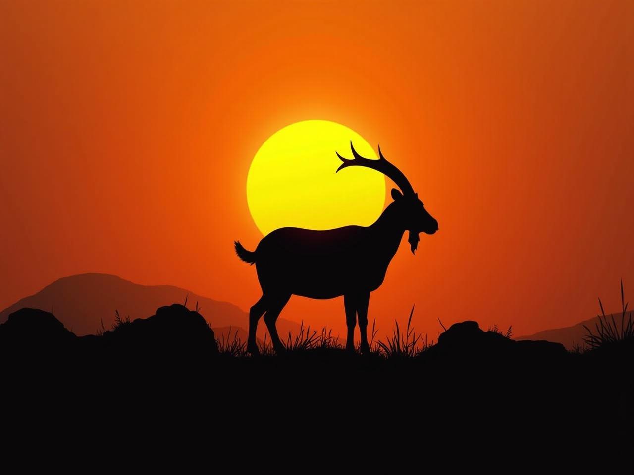 This image features a striking silhouette of a goat against a vibrant sunset. The sun is large and dominates the background, casting a glowing orange and yellow hue. The goat stands alert, showcasing its majestic antlers in profile. The foreground is dark, enhancing the silhouette effect while the sunset colors create a peaceful atmosphere. This scene captures the essence of nature and wildlife beautifully, making it ideal for various artistic applications.