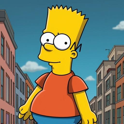 A character in the style of The Simpsons. Bright yellow skin. Short spiky hairstyle. Wearing a red t-shirt and blue shorts. Set against a cartoon urban backdrop with buildings and a clear blue sky.