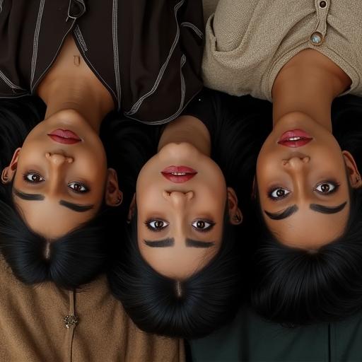 Several women of mixed Scottish and Pakistani heritage lying on backs on the floor. Large dark brown eyes, black hair, thick eyebrows. Expressions are serious with furrowed brows and eyes wide open. All women are motionless, staring upwards, mouths closed.