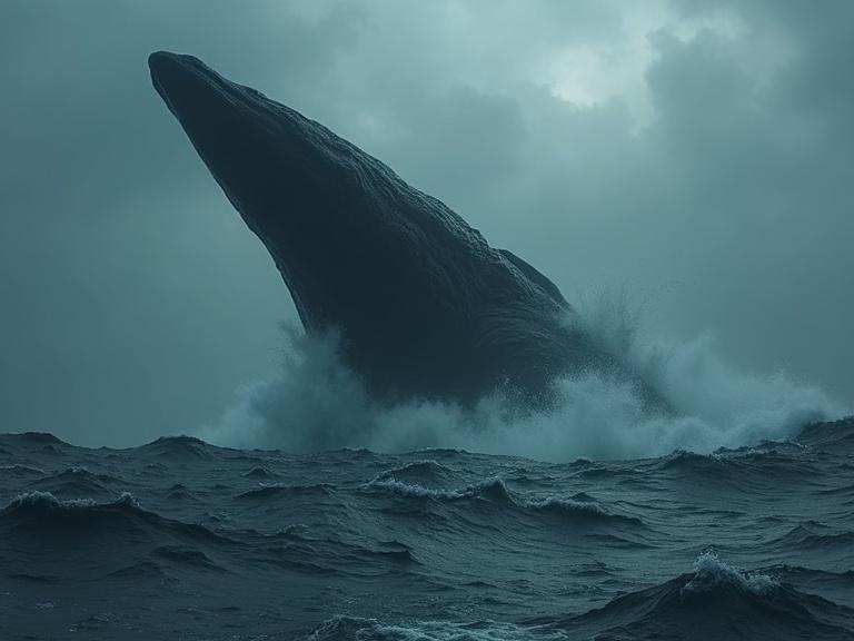 dark cinematic scene featuring a giant eel-like sea monster rising from a turbulent ocean with huge waves and mist
