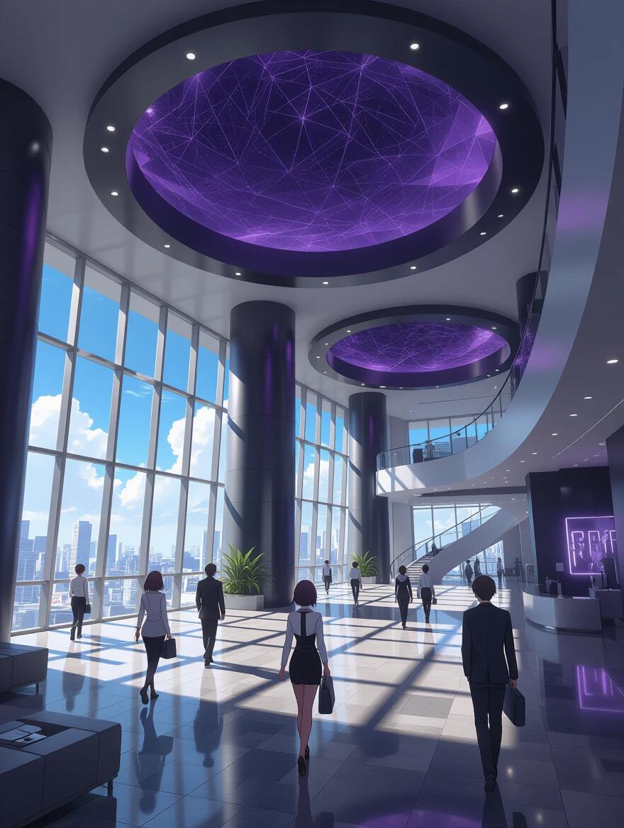 Anime design of a luxurious building hallway. The lobby features oversized purple ceilings with a high-tech aesthetic. Many employees dressed in modern attire are walking through the spacious area. It's summer morning in Rio de Janeiro. The decor incorporates amethyst purple and black colors.