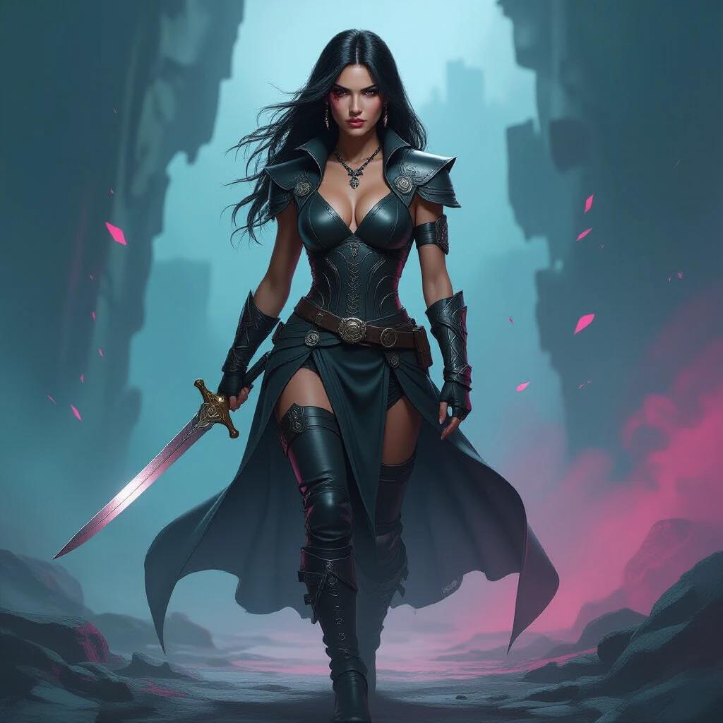 A fierce warrior strides confidently forward. Dark leather ensemble enhances her powerful physique. Long, flowing hair frames her determined expression. Striking makeup highlights her features. Background features vibrant teal and deep pink. Soft lighting creates movement and poise. Bold colors evoke adventure and confidence.