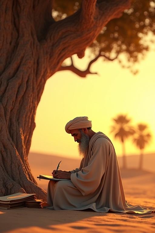 Elderly Muslim scholar in traditional Arabic clothing sits under large ancient tree in desert. He writes on parchment with feather pen. Scrolls beside him. His face shadowed by tree branches. Golden sunset light creates spiritual atmosphere. Fine sand and palm trees are in distance.