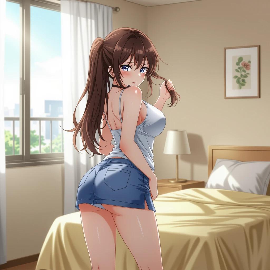 Brunette anime girl standing in beige bedroom. Soft sunlight enters through window. She bends forward slightly. Long brown hair in loose ponytail. One hand removing black hair tie. Other hand on hip. Looking back with flustered expression. Wearing white crop top and maroon skirt. Skin looks glistening. Room decorated with anime posters and cat plushies. Cozy and lively atmosphere. Midday lighting with warm tones.