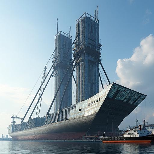 Futuristic depiction of a large drydock structure named 'The Drydock Spire' showcasing an industrial design. The structure has towering spires made with glass and steel. Construction arms extend like mechanical legs. Robotic cranes are present. A ship is docked nearby. Bright skies and a harbor setting enhance the futuristic theme.