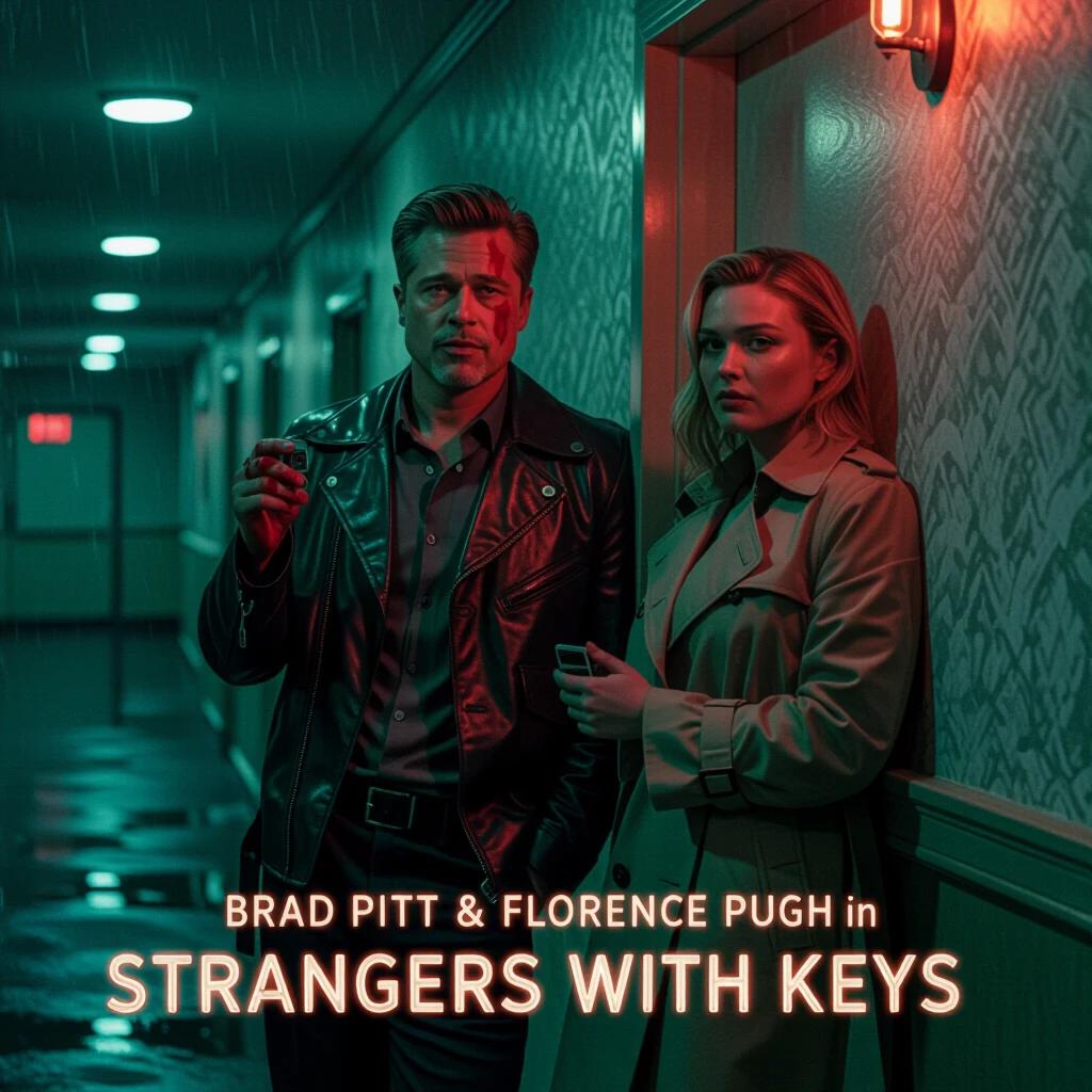 Motel background with peeled wallpaper. Eerie lighting from tungsten bulbs. Brad Pitt wears a leather jacket holding a key with blood. Florence Pugh leans against the door in a trench coat with a Polaroid camera. The title displayed prominently. Cinematic visuals with shallow depth of field and reflections on the wet floor.