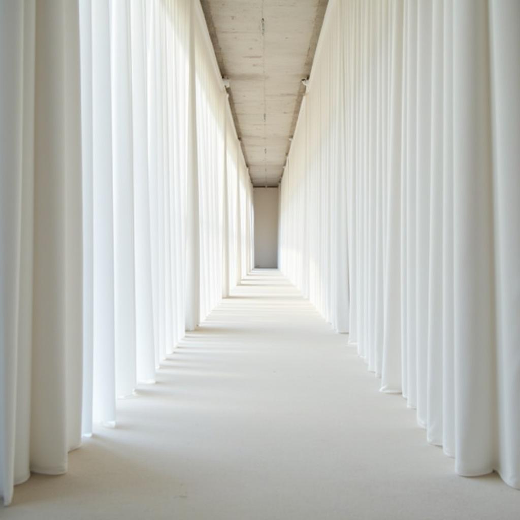 Image shows a long hallway. Hallway has white drapes on both sides. Lighting is soft and natural. Floor is light-colored. Perspective is straight-looking ahead.