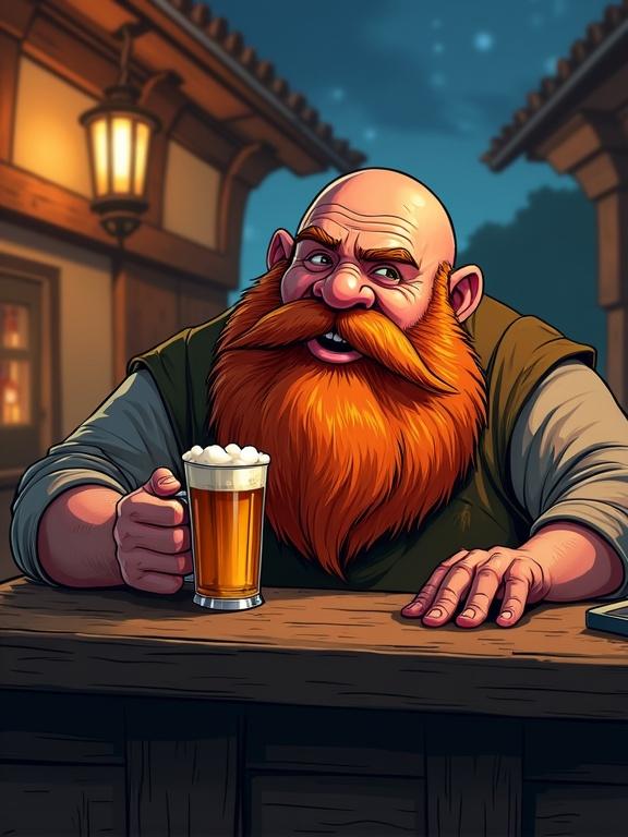 Full-length portrait of an overweight dwarf with an orange beard sitting at an inn drinking a glass of beer. Comic-book-style illustration. Bold ink outlines. Non-photorealistic. Soft cel shaded. Artistic shading with stylized depth of field. Soft cold lighting suggesting a night inn. Realistic art style with detailed polygonal textures.