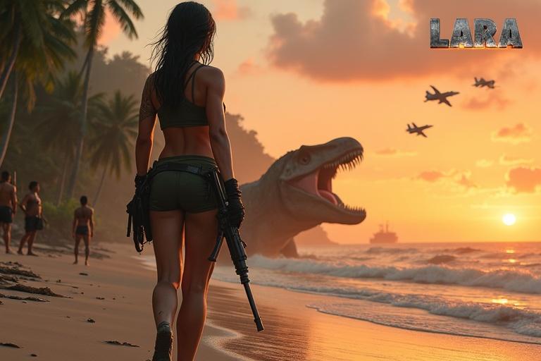 Epic female adventurer on the beach during sunset. Confident pose with rifle in hand. Jungle on the left with T-Rex and tribal hunters. Ocean view on the right with a ship. Fighter jets above, wrecked airplane behind. Title text in bold and cinematic style.