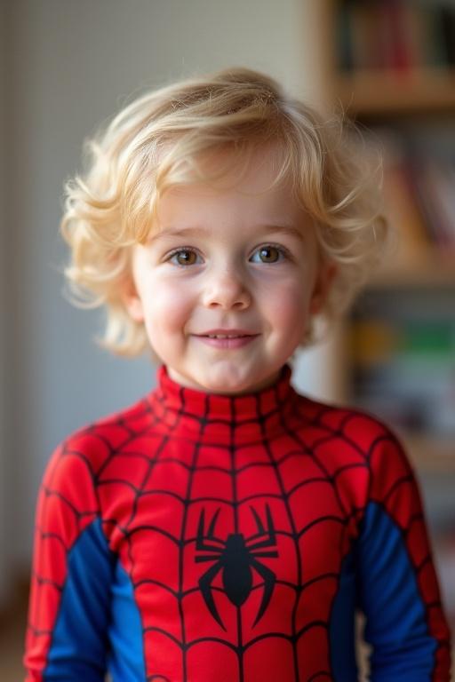 Blond boy wearing Spiderman costume, cheerful expression, 4 years old, background showing indoor setting with bookshelves.