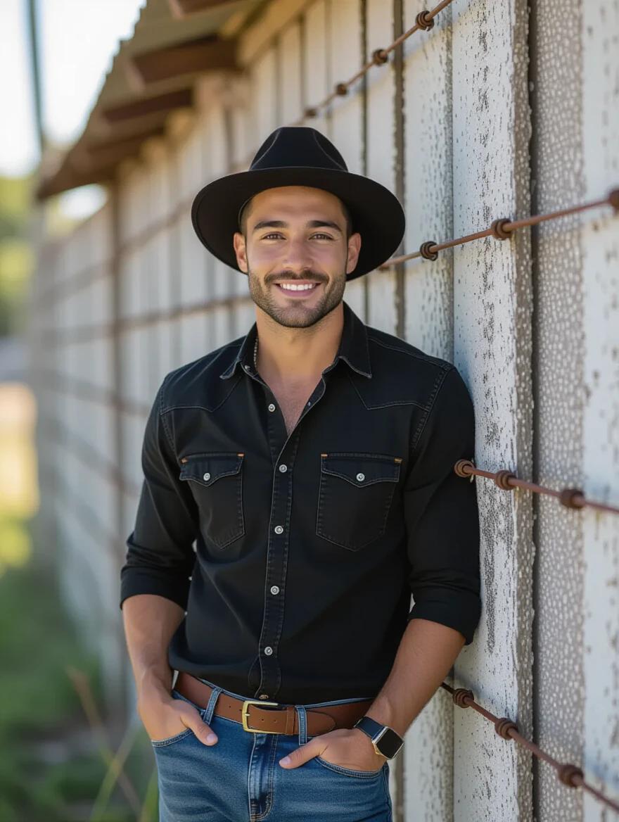 A 25-year-old man with light brown skin stands near an old fence. He wears a black hat and is dressed in jeans. He has a charming smile and a slim build.