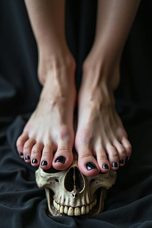 Image of hyper-realistic beautiful women's feet with clean nails painted black on a skull. Gothic and gloomy atmosphere symbolizes beauty and self-care.