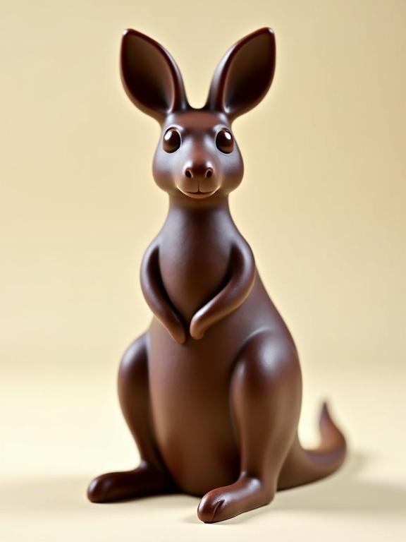 A beautiful kangaroo figure made from dark, milk, and white chocolate. It is a professional studio product photo showcasing the details and texture of the chocolate.