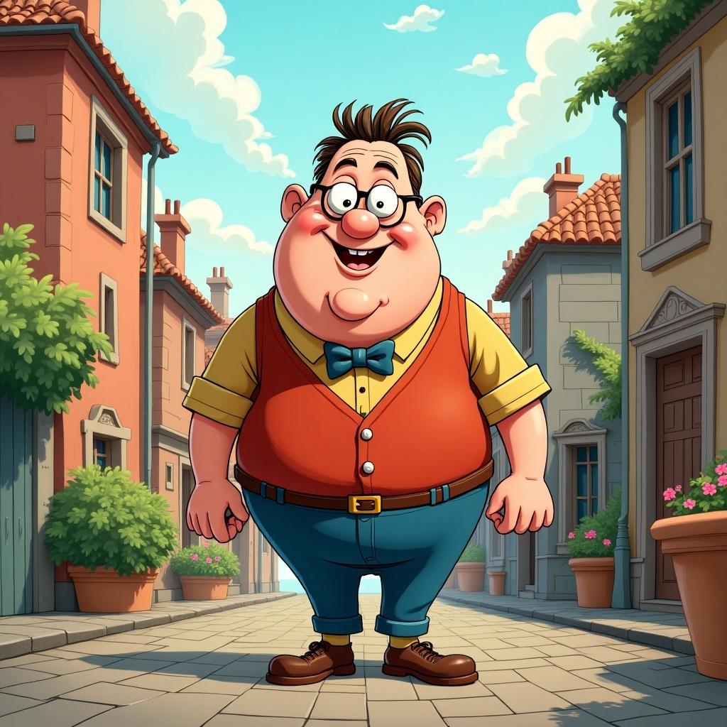 A cheerful cartoon character standing on a sunny street in a colorful village. The character is overweight, wearing glasses, with a big smile. It's a light-hearted and fun illustration.