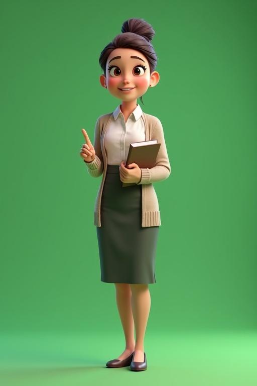 Full-body shot of a friendly female teacher. Plain green screen background. Warm smile and expressive Pixar-style eyes. Modest attire: blouse with cardigan and knee-length skirt. Sensible shoes. Hair styled in a neat bun. Holds a book or pointer. Stands confidently gesturing. High-quality Pixar-style 3D design. Soft lighting. Smooth textures. Clean outlines.