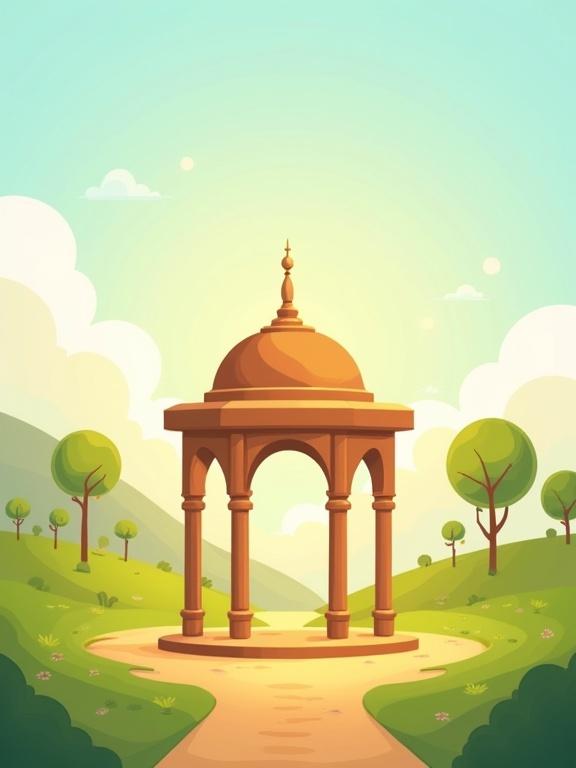 2D digital illustration in a flat-style focused on a symbolic wooden structure with five distinct pillars and a dome-shaped roof. Background features green hills, cartoon trees, and soft clouds against a light blue sky. Gentle sunlight adds warmth. Space at the top for story title. Art style is flat with rounded shapes and a joyful color palette.