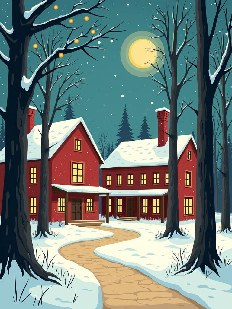 A winter night scene featuring a red house in the snow. Trees line a pathway leading to the house. The house has glowing windows and the moon shines in a clear blue sky. Snow falls gently around the scene.