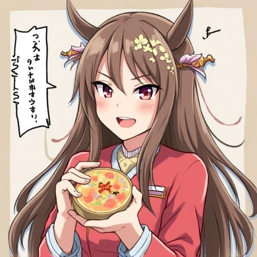 Anime character with long hair and decorative accessories holding a food container. Character wears a red outfit and has a friendly expression.