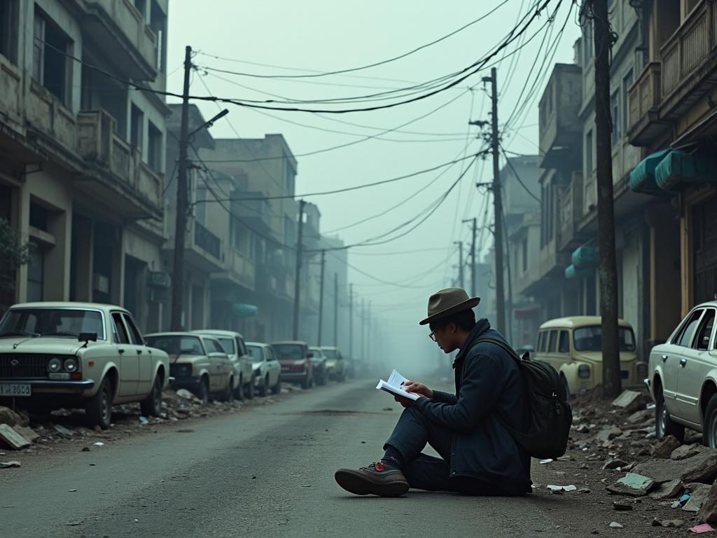 Setting in a ruined city with old cars tangled wires and an overcast sky. A person with a backpack and hat is sitting and taking notes. The face is obscured.