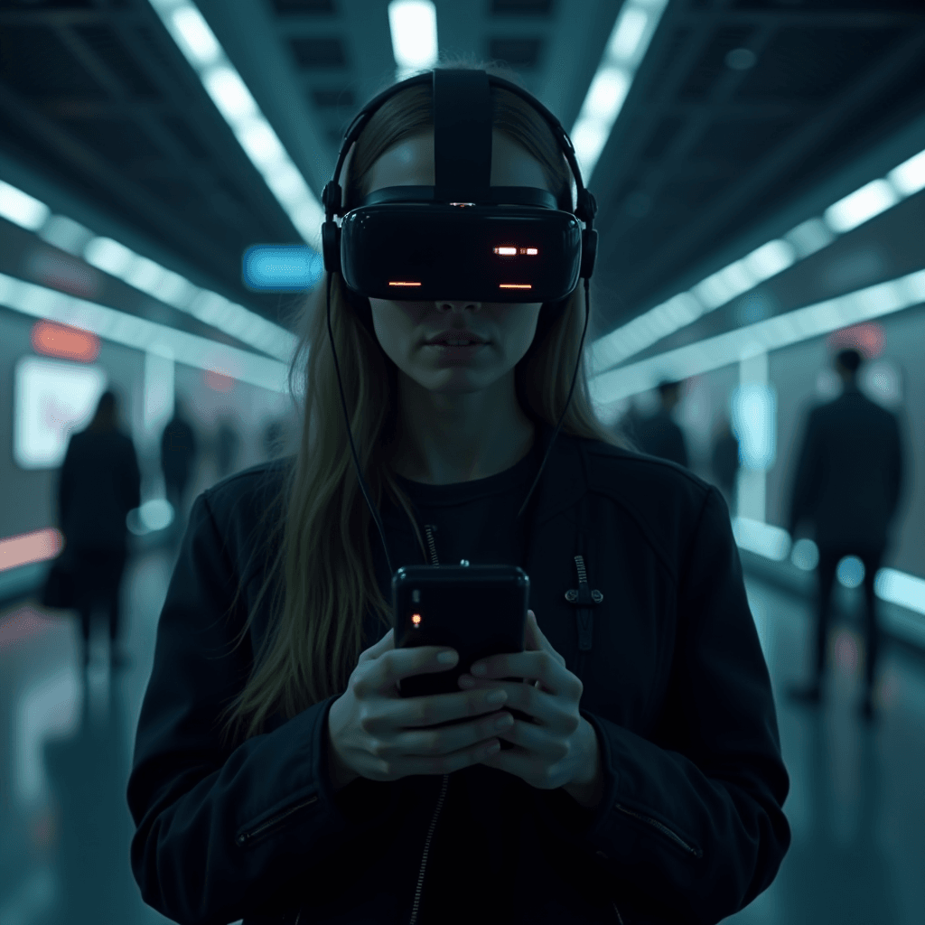 A person wearing VR glasses and holding a smartphone in a futuristic subway station.