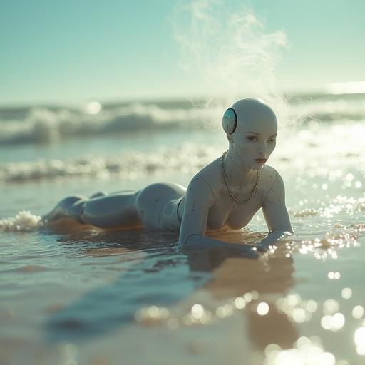 Beautiful robot model laying on beach in striking pose. Clad in sleek swimsuit. Bright light at noon. Close-up from low angle. Bokeh effects in background. Wisps of smoke create ethereal quality.