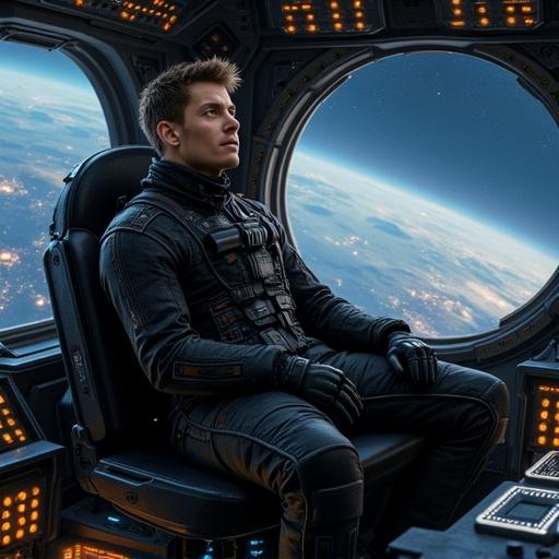 A fair-skinned man sits in the cockpit of a spaceship. He wears dark high-tech clothing. The cockpit is illuminated with screens. Earth is visible through large portholes. The atmosphere reflects adventure and exploration.