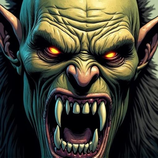 Close-up view of a male orc with prominent wrinkles and yellow eyes. Orc has large fangs and sharp features. The lighting is soft and diffused, showcasing smooth lines and detailed shading. Style closely resembles comic book art.