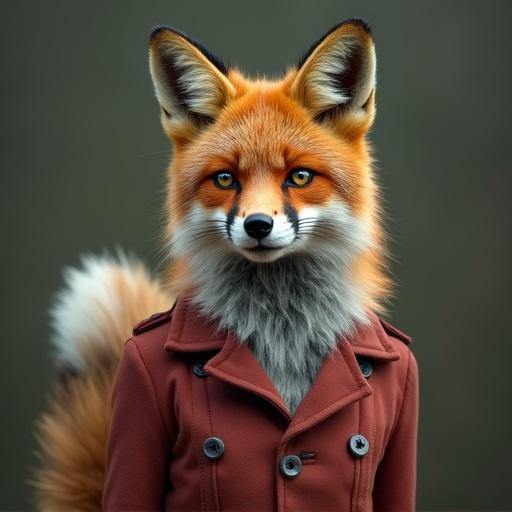 A character resembling a fox stands upright. The character wears a fashionable coat. The fox has vivid orange and brown fur. The pose is confident and stylish. Background is a muted gradient.
