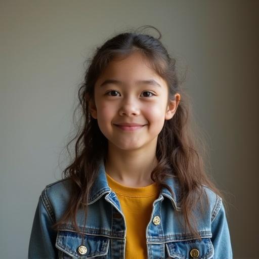 Portrait of a smiling teen girl in denim jacket and yellow shirt. She stands facing the camera. Simple neutral background. Emphasizes positive expression and curiosity.