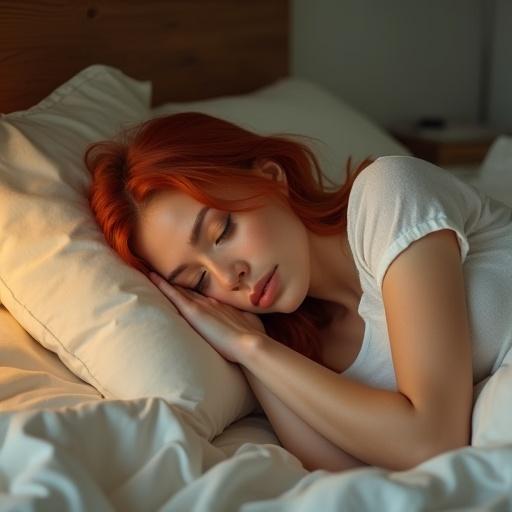 Woman with red hair lying in bed in light attire. Emphasis on relaxation and comfort. Soft lighting and cozy bedding create an inviting atmosphere.