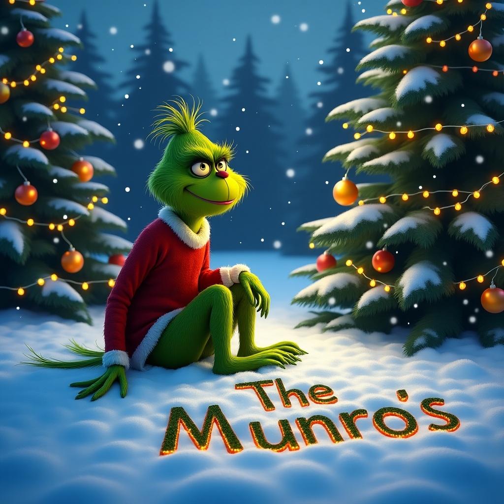 The Grinch sitting in a snowy landscape. Christmas trees with lights are around him. He is writing The Munro's in the snow.