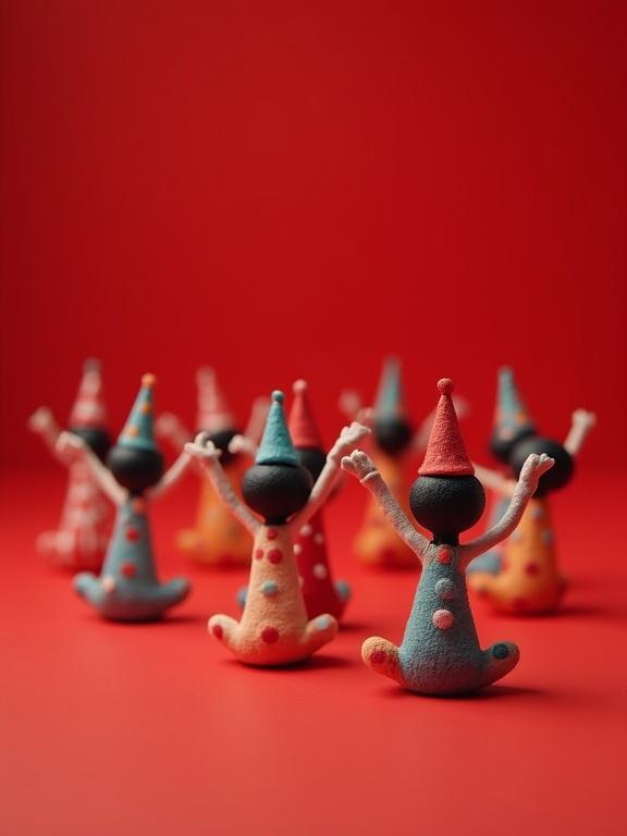 Miniature harlequins arranged in a surreal Droste effect on a red background. Hyper-realistic rendering with soft natural lighting. Shallow depth of field and ultra-detailed textures create photorealism and a cinematic composition.