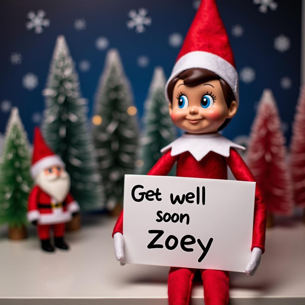 Elf on the Shelf character holds sign. Elf wears red and white outfit. Background has snow-covered trees and Santa figure. Scene is cheerful and festive.