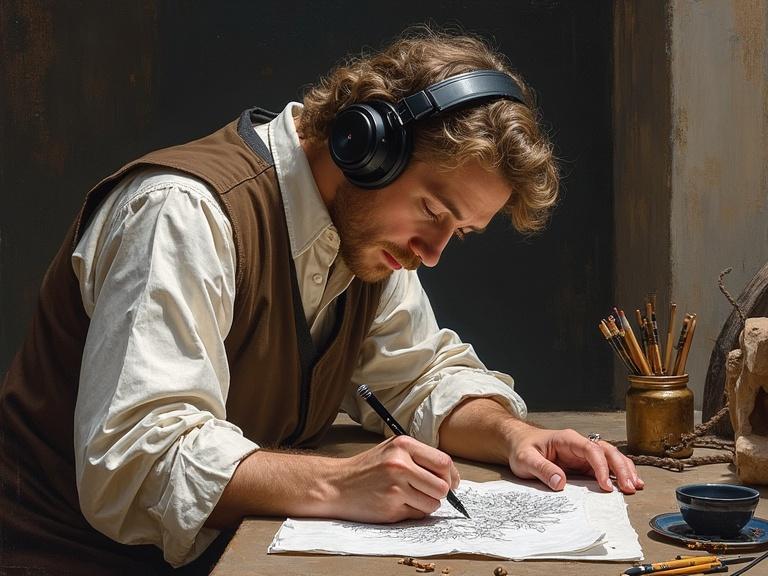 A painting depicting a person wearing headphones who is focused on drawing a coloring plate. The setting is artistic and detailed with a vintage feel.