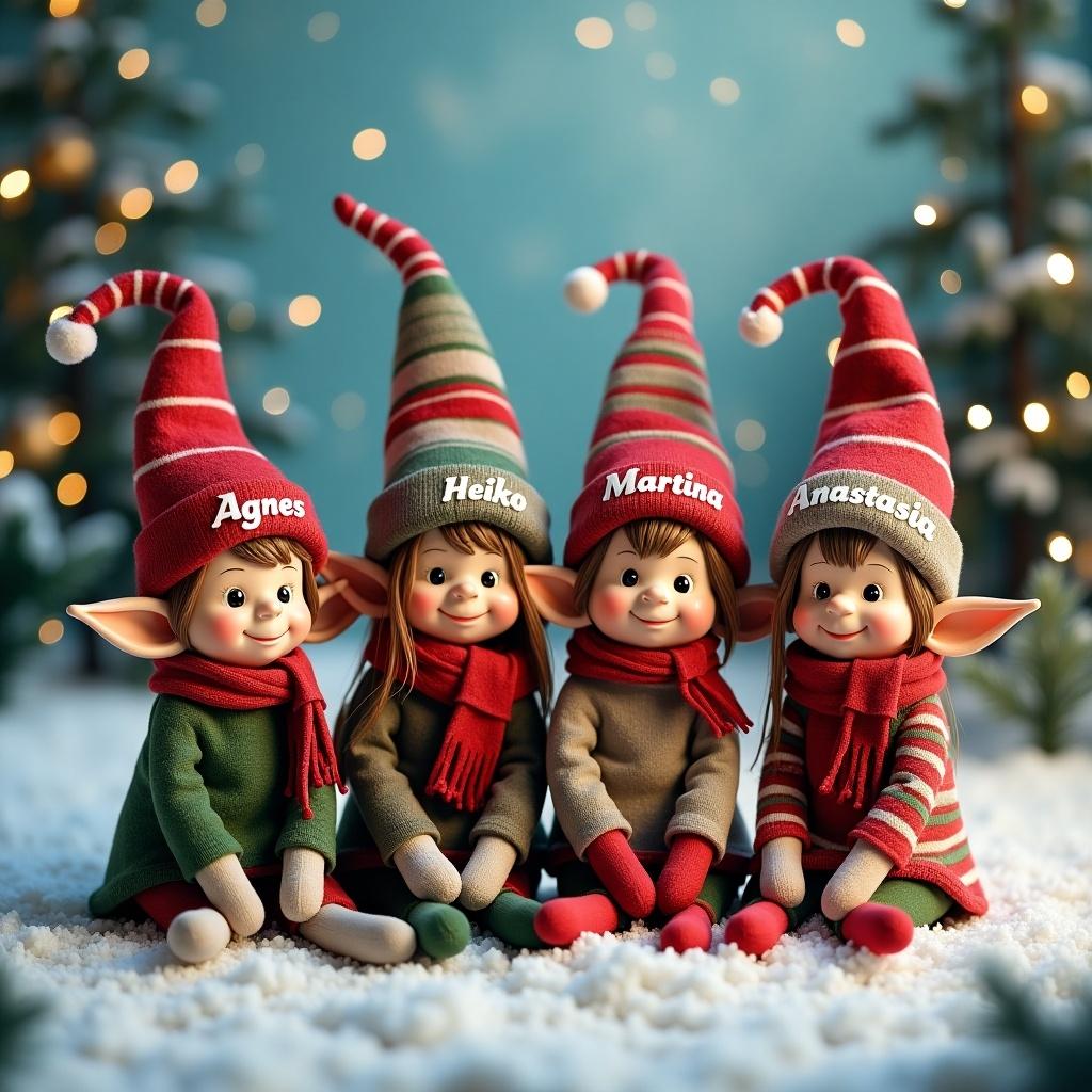 Christmas elves with names on their hats. Four smiling elves in winter attire. Each elf has a unique name: Agnes, Heiko, Martina, Anastasia. Soft, snowy background with warm lighting.