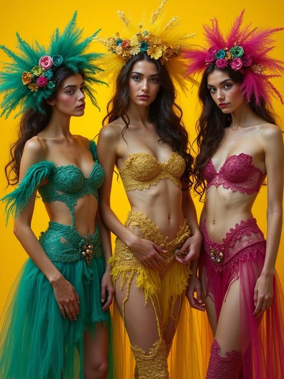 Three models showcase whimsical style. They wear see-through outfits in shades of green yellow magenta. Bright yellow ocher and burnt sienna background accentuate colors. Intricate details highlight the outfits. Focus on fashion and fantasy.