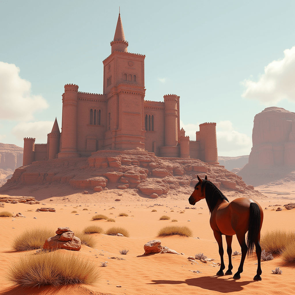 A horse stands in a sandy desert with a majestic castle in the background.