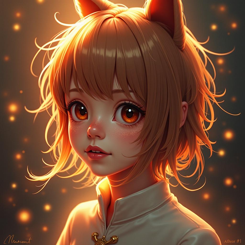 Portrait of an anime girl with cat ears. She has golden eyes and curly, warm brown hair. The lighting casts a soft glow, enhancing her charming expression. The background features a blurred, glowing effect.