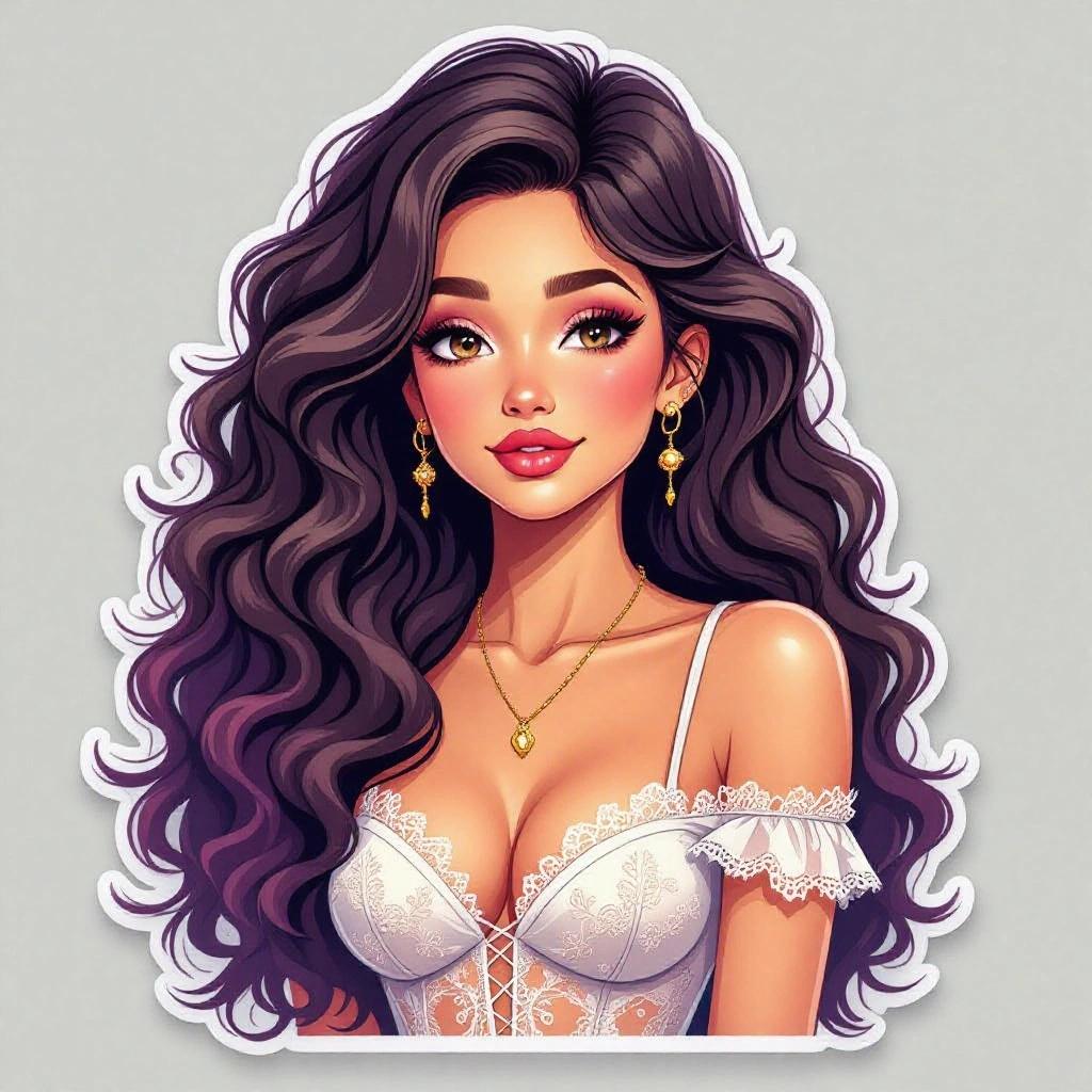Illustration of a beautiful woman with long curly hair styled in vibrant hues. Depicted as a sticker with a playful look. She is wearing a lace short dress that highlights her figure. The jewelry worn adds a touch of elegance. The image is colorful and engaging, making it suitable for marketing and design applications. Confident pose with sparkling eyes creates a captivating impression.