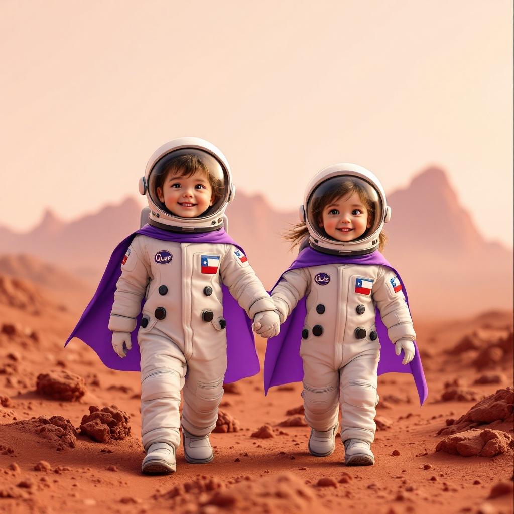 Two 4-year-old astronauts explore Mars. They wear astronaut suits with purple capes. Each suit has a Chilean flag. The boys and girls are amazed. They walk hand in hand. The landscape is red and rocky. The sky is pinkish. They leave footprints on the ground. Their helmets reflect joy and wonder.