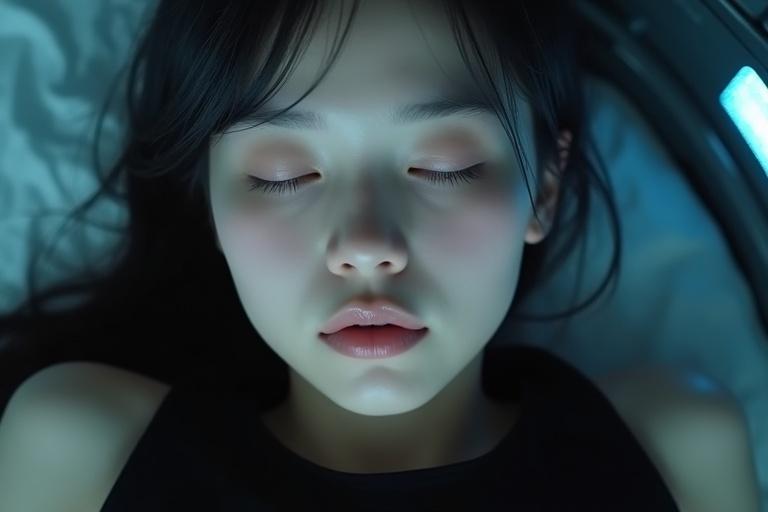 Ultra-realistic close-up of girl's face with eyes closed. She is lying peacefully in futuristic spacecraft. Soft blue ambient light enhancing skin texture. Black sleeveless shirt visible. Hair spread beneath her head. Background blurred with metallic textures and bluish glow. Captures fine details and calm atmosphere.
