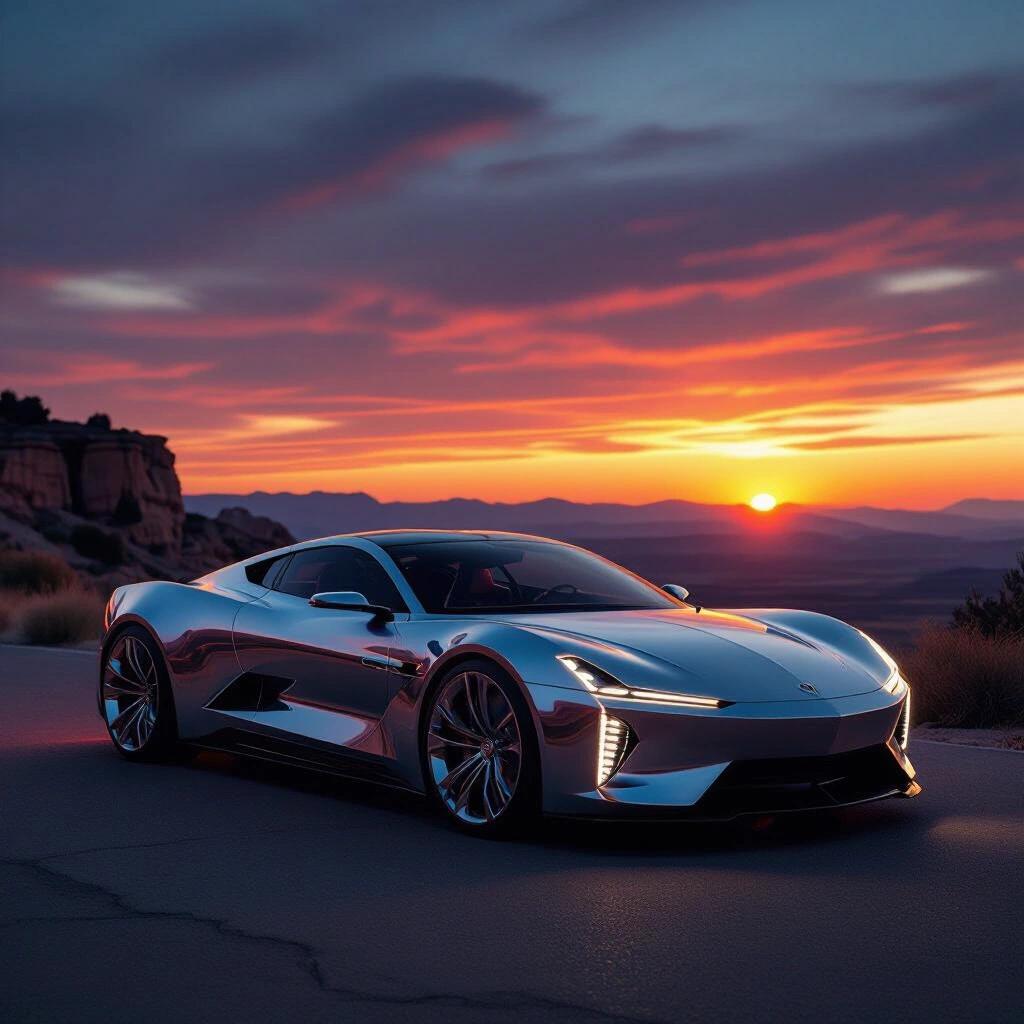 Dark sunset with epic scenery featuring a parked futuristic chrome hypercar on a country cliff. Angular design with low rider profile. Raw photo capture at night.