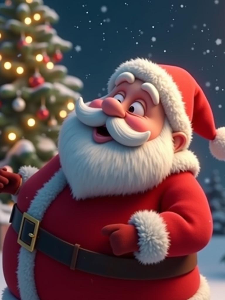 Animated GIF depicting Santa Claus blowing a kiss. Santa leans forward with puckered lips and rosy cheeks. Surrounded by sparkling Christmas lights and softly falling snow. A glowing Christmas tree adds charm. Santa wears a classic red suit. Focus on joyful kissing action.