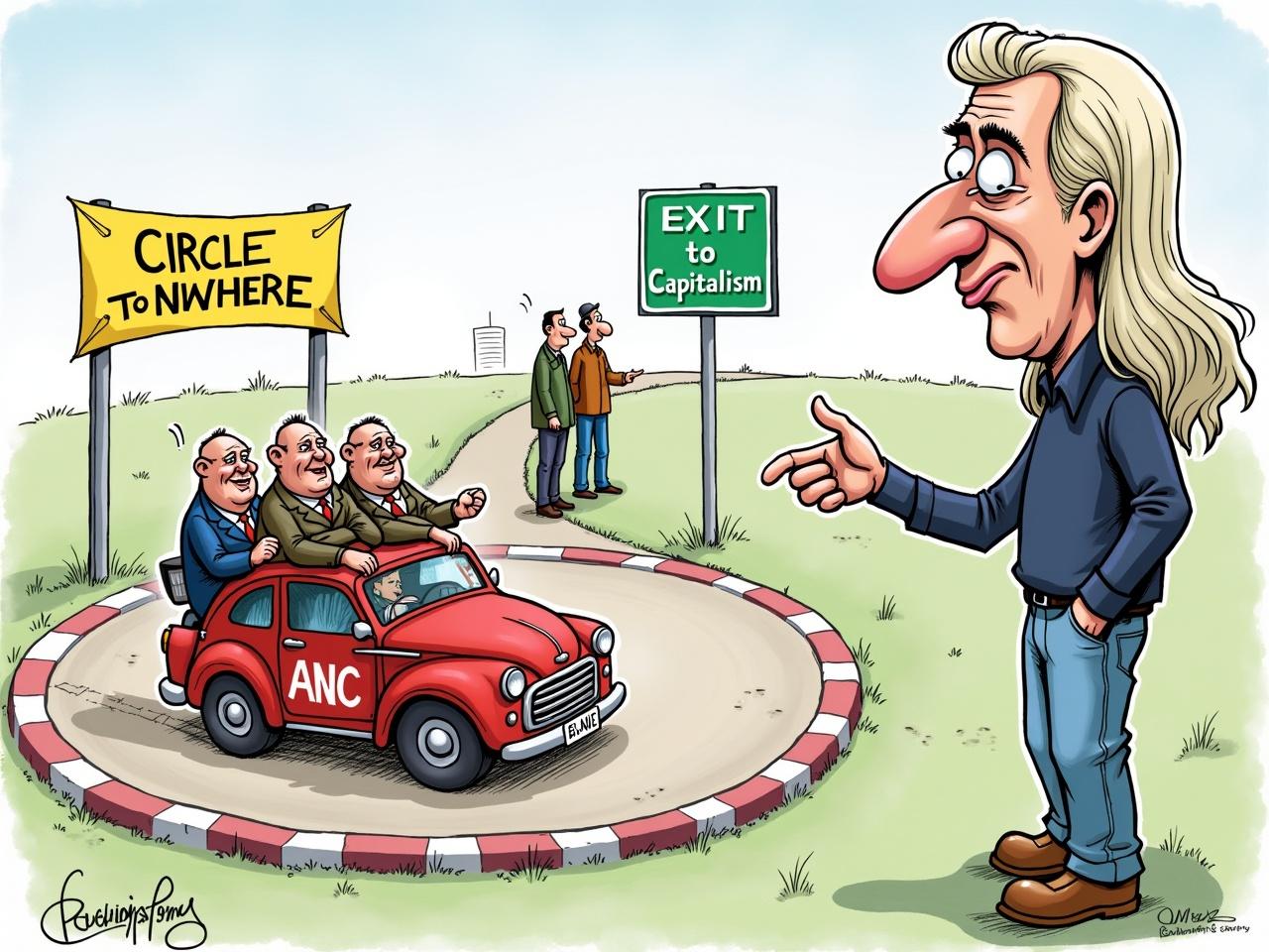 A political cartoon depicts a roundabout labeled "Circle to Nowhere" and "Socialism." A clunky car marked "ANC" drives in endless circles while a group of fat bureaucrats in suits sits on the roof, either laughing or appearing clueless. To the side, a slender middle-aged man with exaggerated features, prominent nose, and expressive eyes stands assertively. He has long, wavy light-colored hair swept back and is dressed in jeans, brown shoes, and a navy blue long-sleeve shirt. This man points towards an exit labeled "Capitalism," which leads to prosperity. The bureaucrats seem oblivious to the exit and continue to remain stuck in the loop.