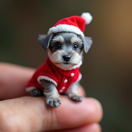 Tiny gray schnauzer puppy sitting on the tip of a person's finger. Puppy dressed in beautiful red Miss Claus suit. Puppy has a happy smile and shows affection.