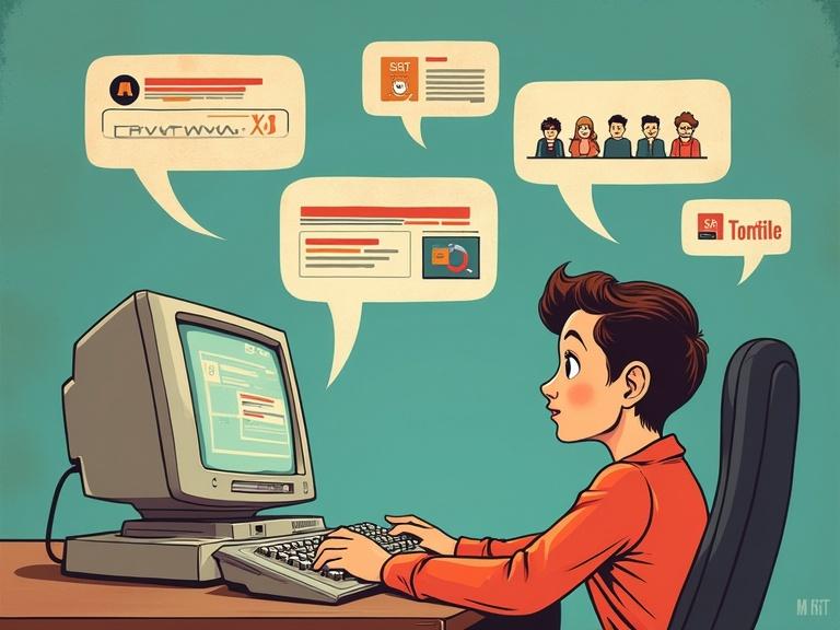 A boy is using an old-school computer. Futuristic AI bubbles appear around him. Bubbles show smart search bars and happy customers. The illustration combines retro fonts with modern tech visuals. It evokes nostalgia and innovation.