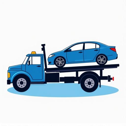 Illustration of a blue flat-bed towing truck carrying a car. Simple design suitable for logo use. Clear and bold features. Bright colors emphasizing towing service.