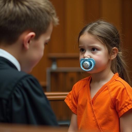 A young boy acts as a judge in a courtroom. His mother wears an orange jumpsuit indicating she is a prisoner. The boy shows emotion while wearing oversized handcuffs and a pacifier. The courtroom has wooden panels and seating.