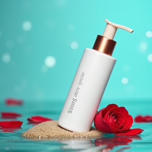 Photograph of a white skincare bottle with a copper dispenser. Bottle is angled on a beige stone surface. Surrounded by clear water and red rose petals. Vibrant turquoise blue background. Minimalist gray text on the bottle. Soft lighting creates a luxurious atmosphere.